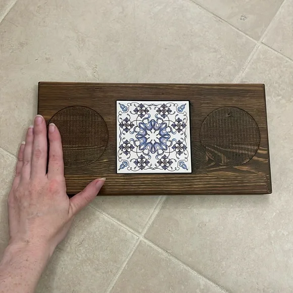 Vintage Wooden Large Coaster with Tiling - Picture 6 of 8